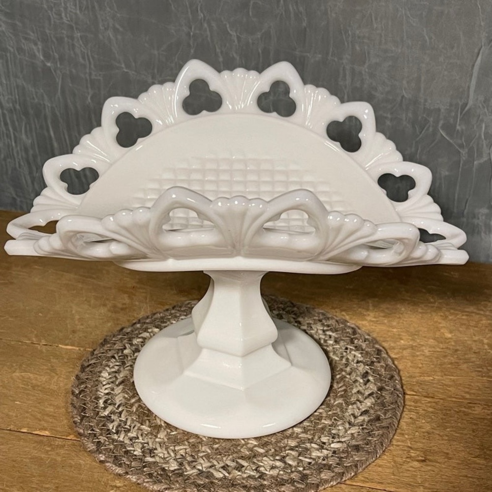 Vintage Milk Glass Banana Fruit Compote, Rare Lattice Edged Pedestal Milk Glass
